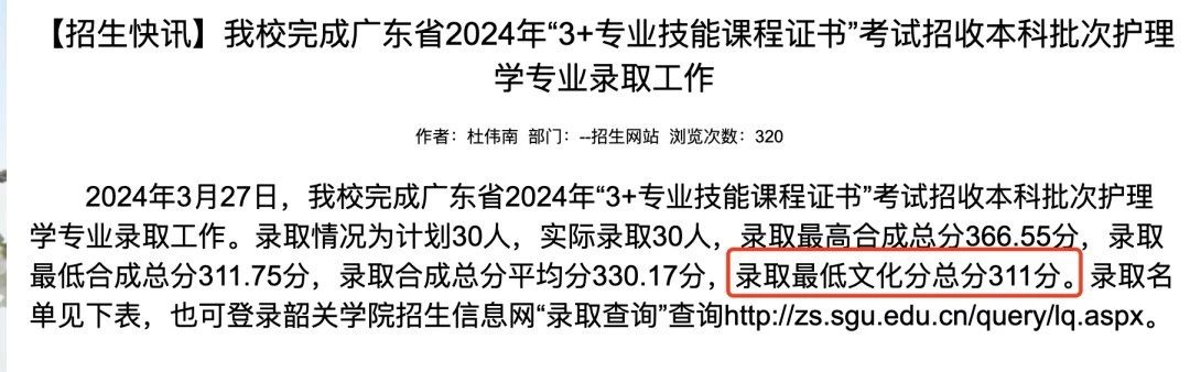 广东省3+证书往年公办大专及本科最低投档分